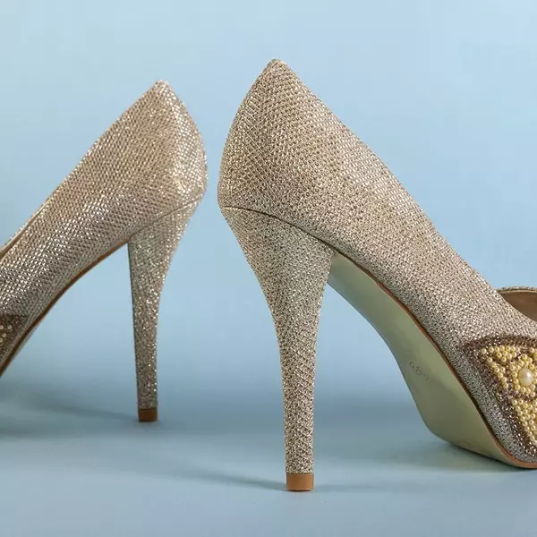 OUTLET Gold женские блестящие туфли на высоком каблуке с фианитом и жемчугом Mira - Обувь