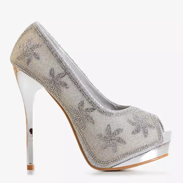 OUTLET Женские туфли на высоком каблуке из серебряной парчи с фианитом Yilla - Обувь