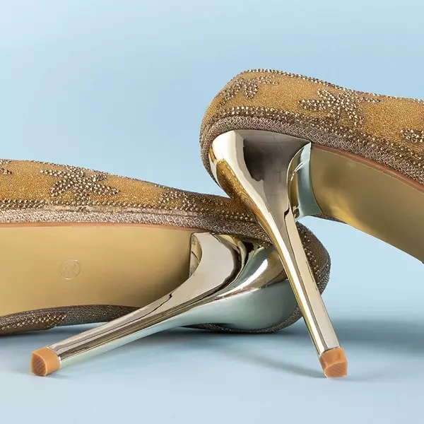 OUTLET Женские туфли на высоком каблуке из золотой парчи с фианитом Yilla - Обувь