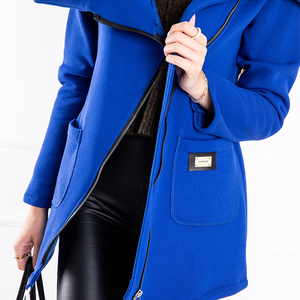 Синее женское пальто с асимметричной молнией