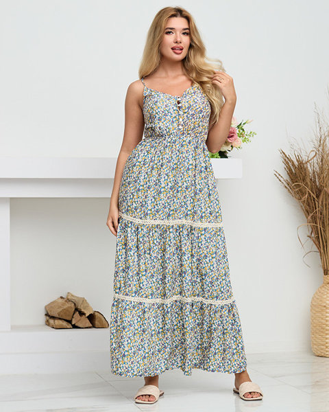 Женское синее длинное платье с яркими цветами на бретелях - Одежда