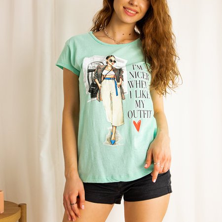М'ятна жіноча футболка з принтом і написами (Туреччина)