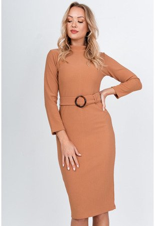 Сукня міді коричневого кольору з поясом - Одяг