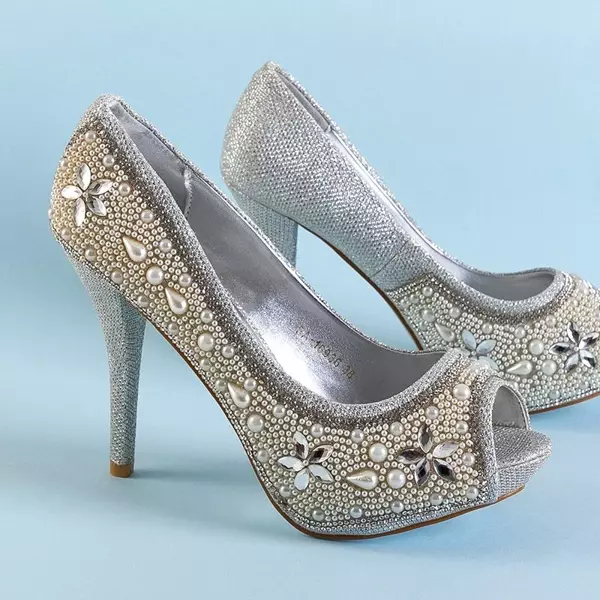 OUTLET Срібні жіночі парчані туфлі з цирконами та перлинами Gitana - взуття