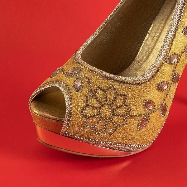 OUTLET Золоті блискучі жіночі високі підбори з фіанітом Penina - Взуття